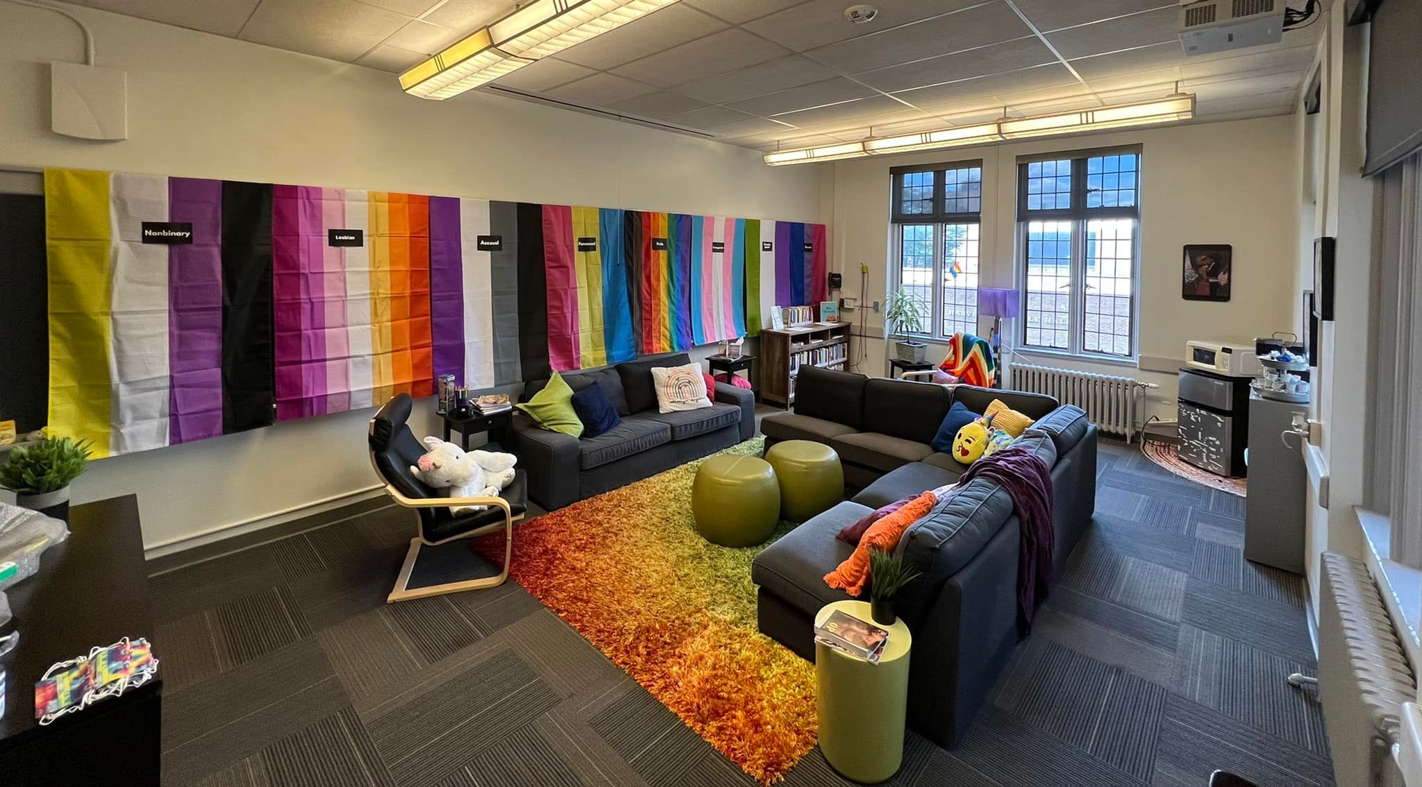 lounge with various flags on the walls, floor to ceiling windows, rainbow rug, and couches