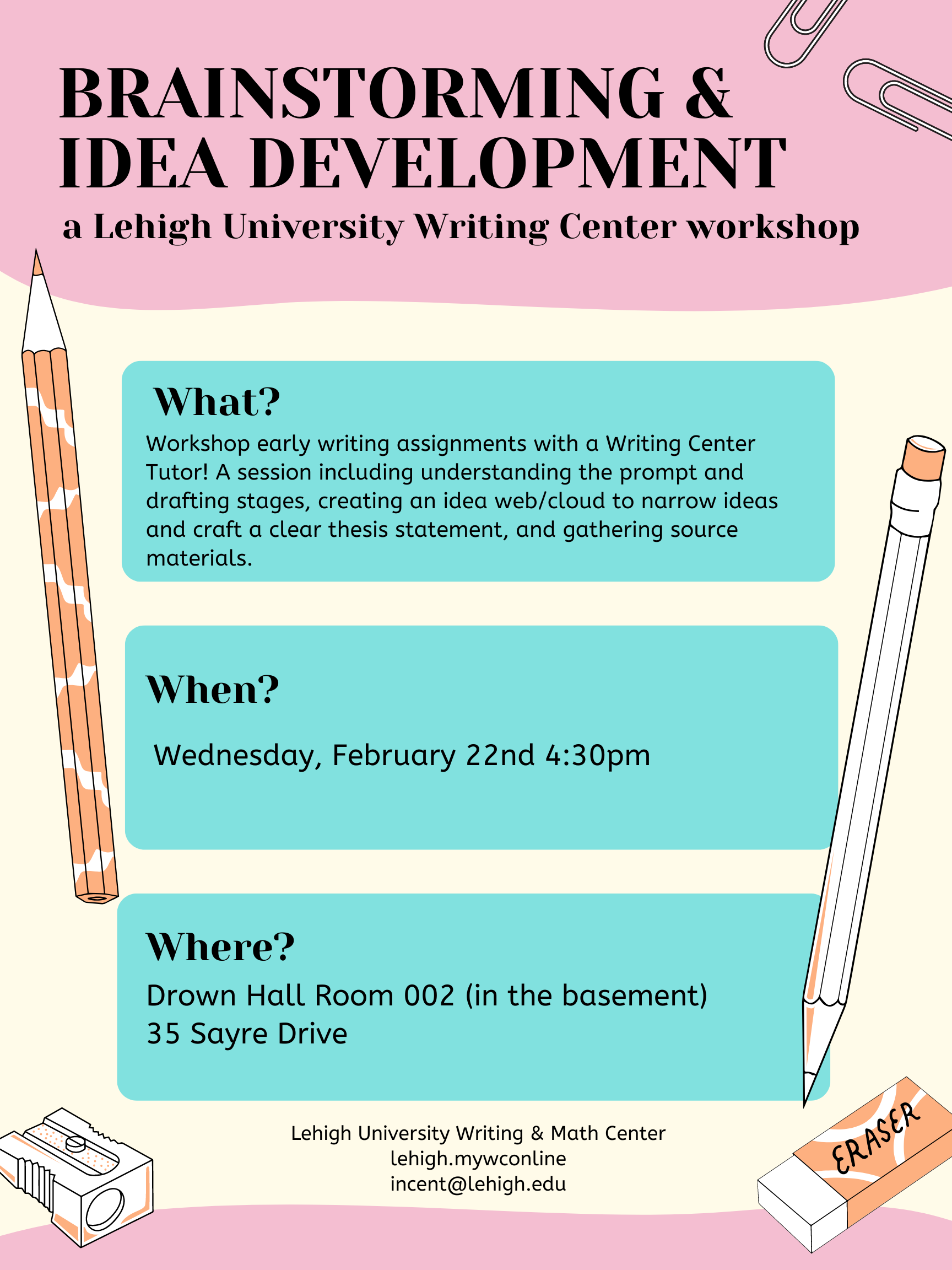 Flyer with event details on a pink and blue background with writing utensil images.