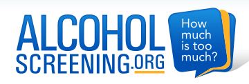 Logo for alcohol screening.org that says, "How much is too much?" in blue