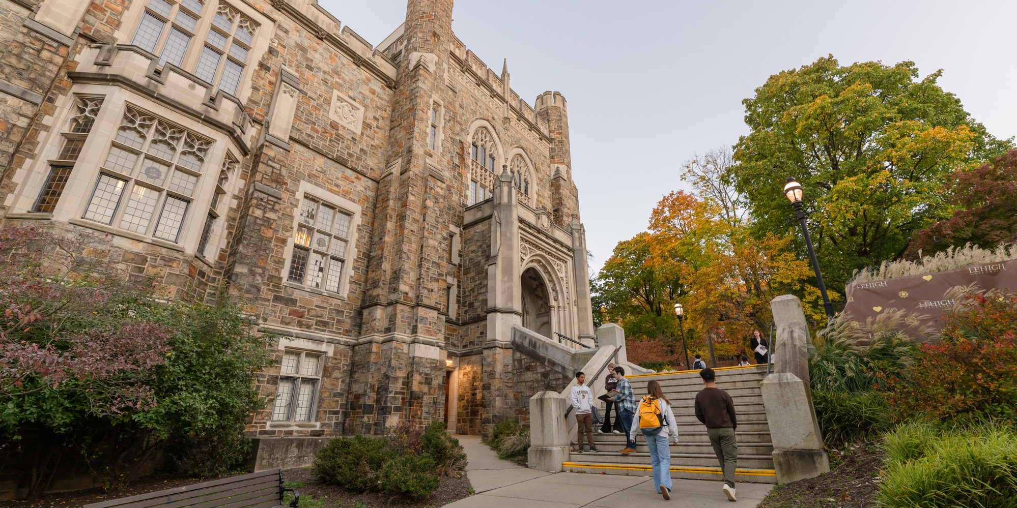 students at Linderman Library Steps