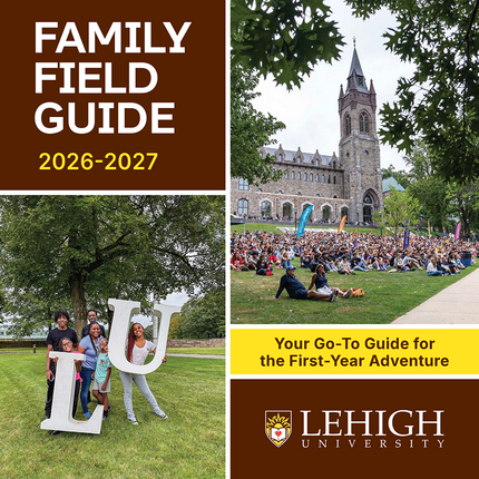 Family Field Guide 2026-2027 cover with photo of family on Move-In Day and Orientation Kick Off on the CUC Front Lawn