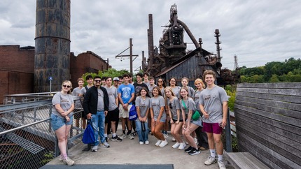 Discover Lehigh preLUsion students posing for a picture at the Steel Stacks