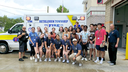 LehighMED students in front of ambulance at Bethlehem Fire Co.