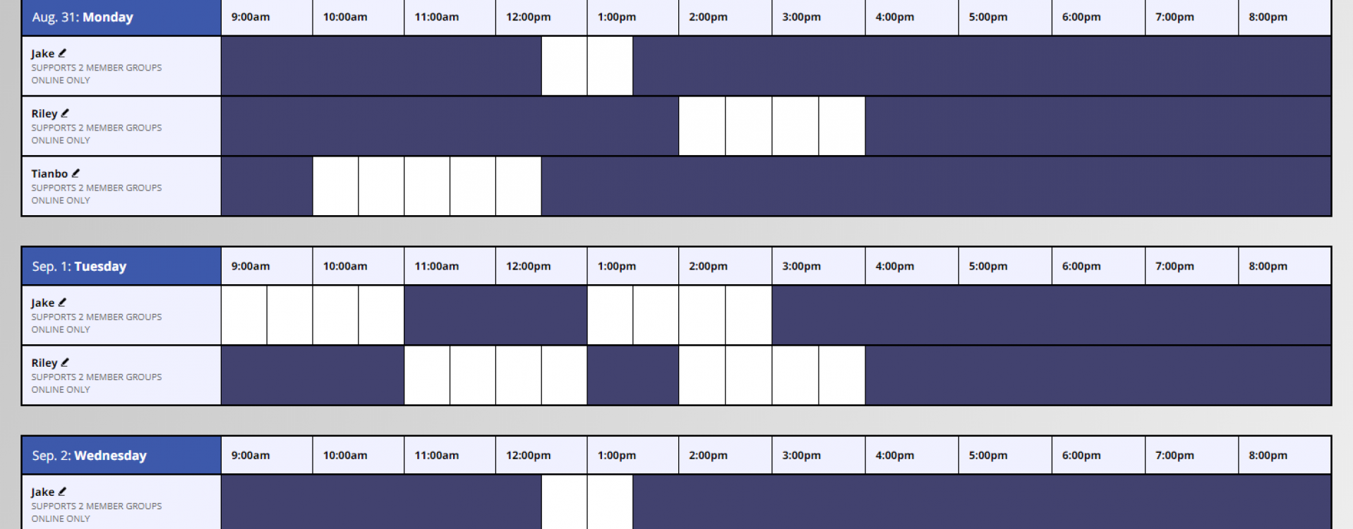 An image of the math schedule as displayed in WCOnline.
