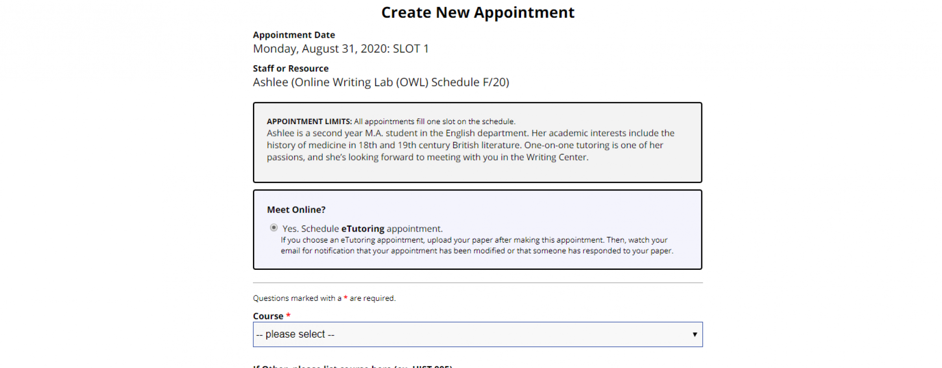 An image of the Appointment Form for the OWL Schedule.