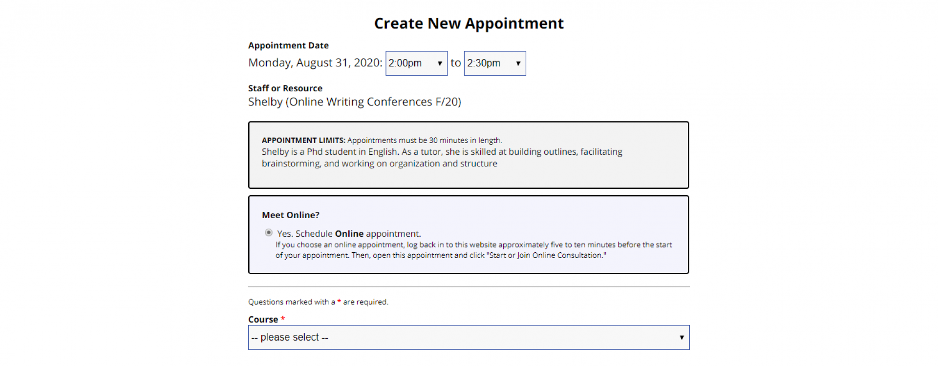 An image of the appointment form on WCOnline.