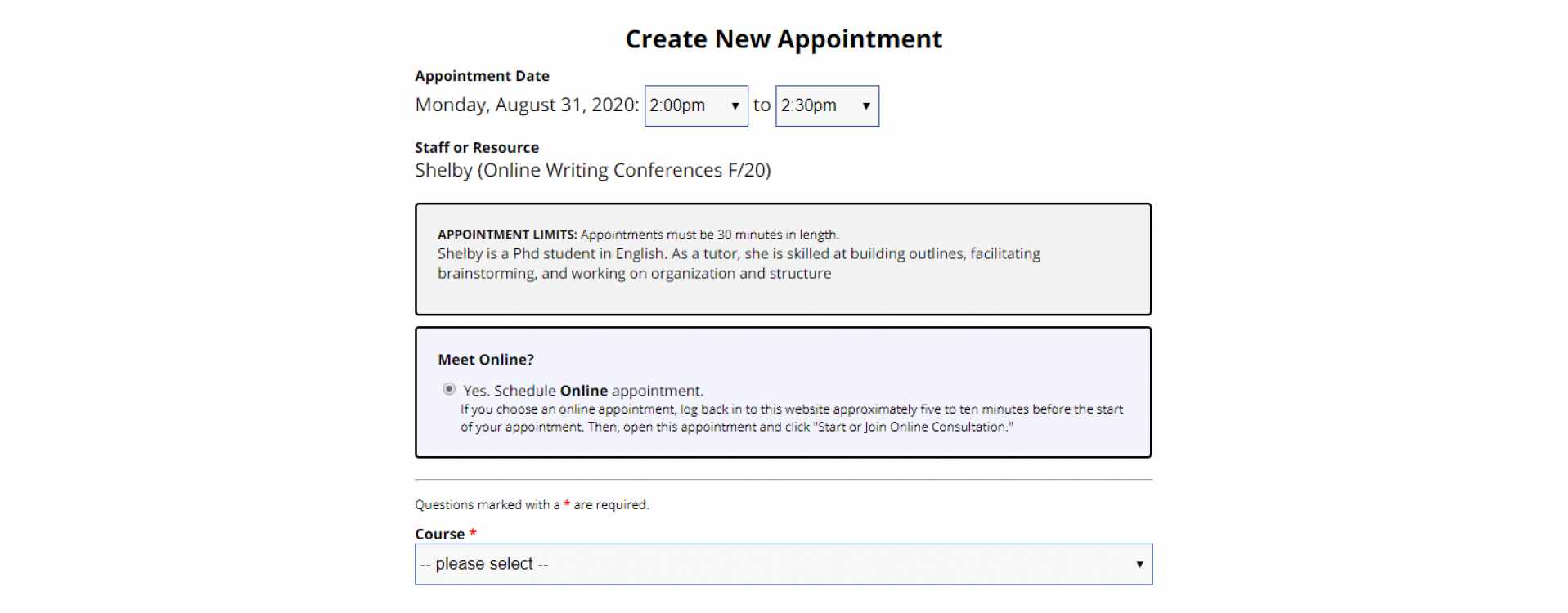 An image of an appointment form for the Online Writing Conferences Schedule.