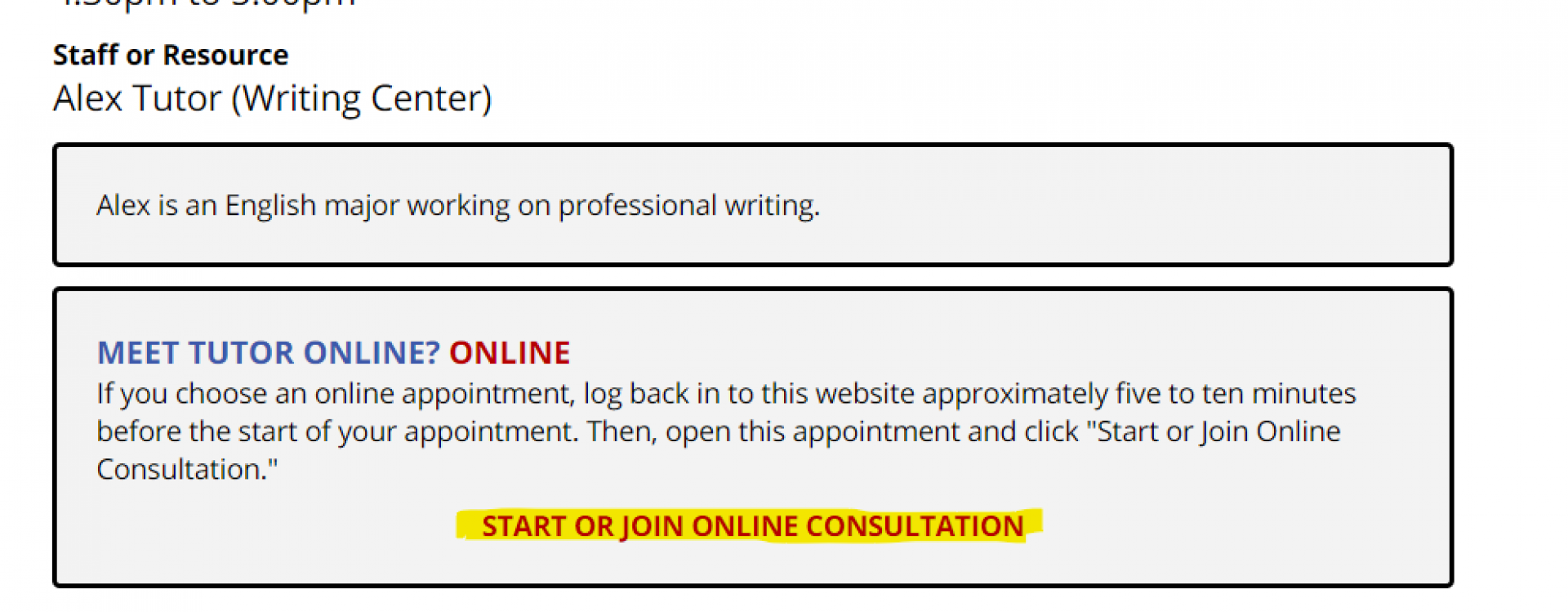 An image demonstrating what the link to start online sessions looks like, with the text "Start of Join Consultation" highlighted.