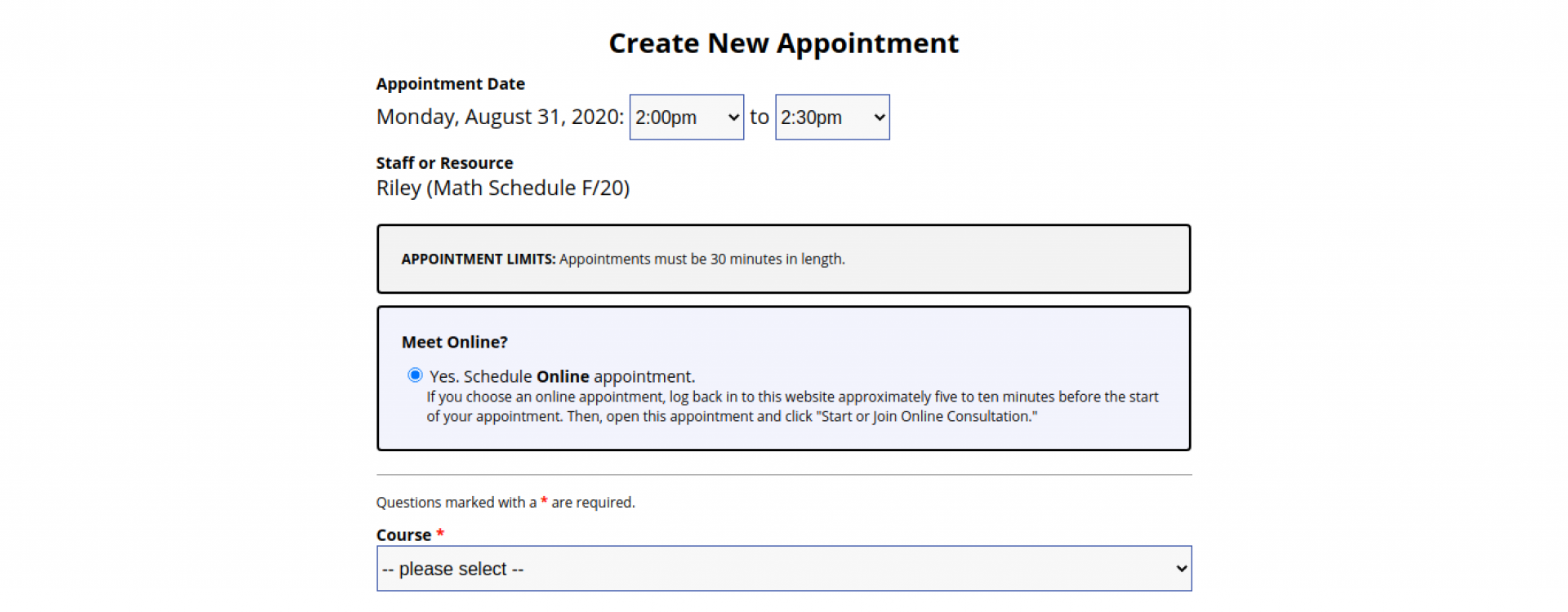 An image of the top of a math appointment form in WCOnline.