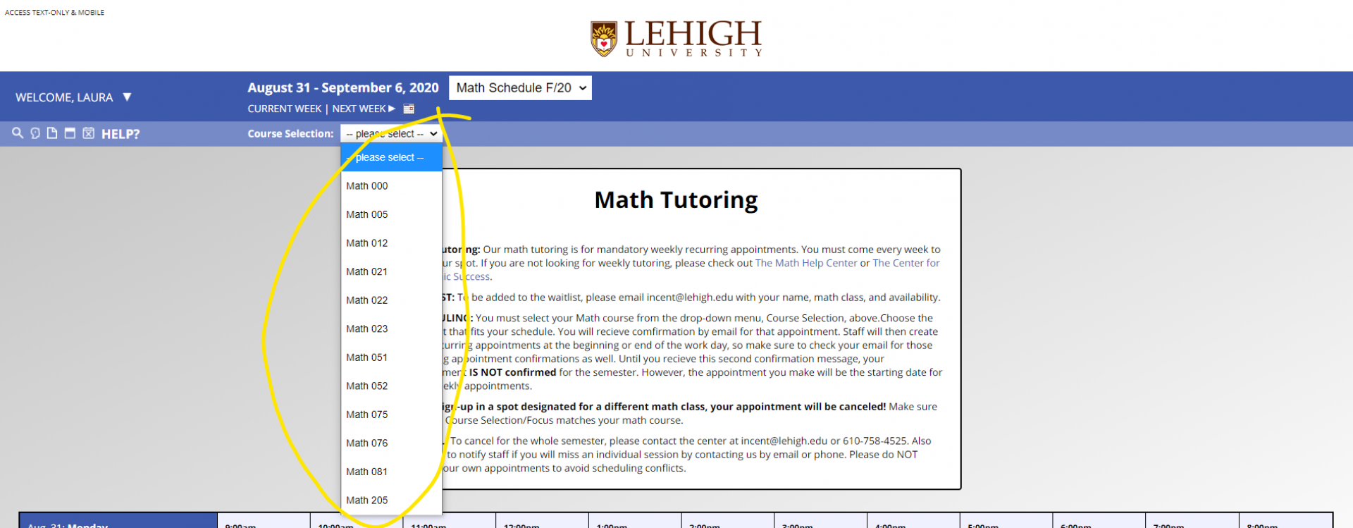 An image of the drop down menu in WCOnline that displays the appointments available for the particular math class a student wishes to be tutored for.