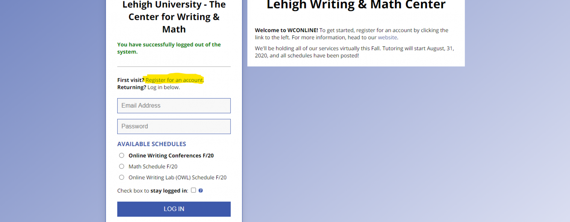 An image of the login screen for the Writing and Math Centers WCOnline.