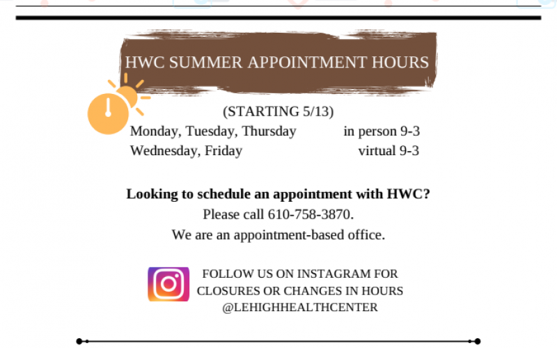 SUMMER HOURS 9-3 M,T,TR, in-person. VIRTUAL/TELEHEALTH ONLY W,F